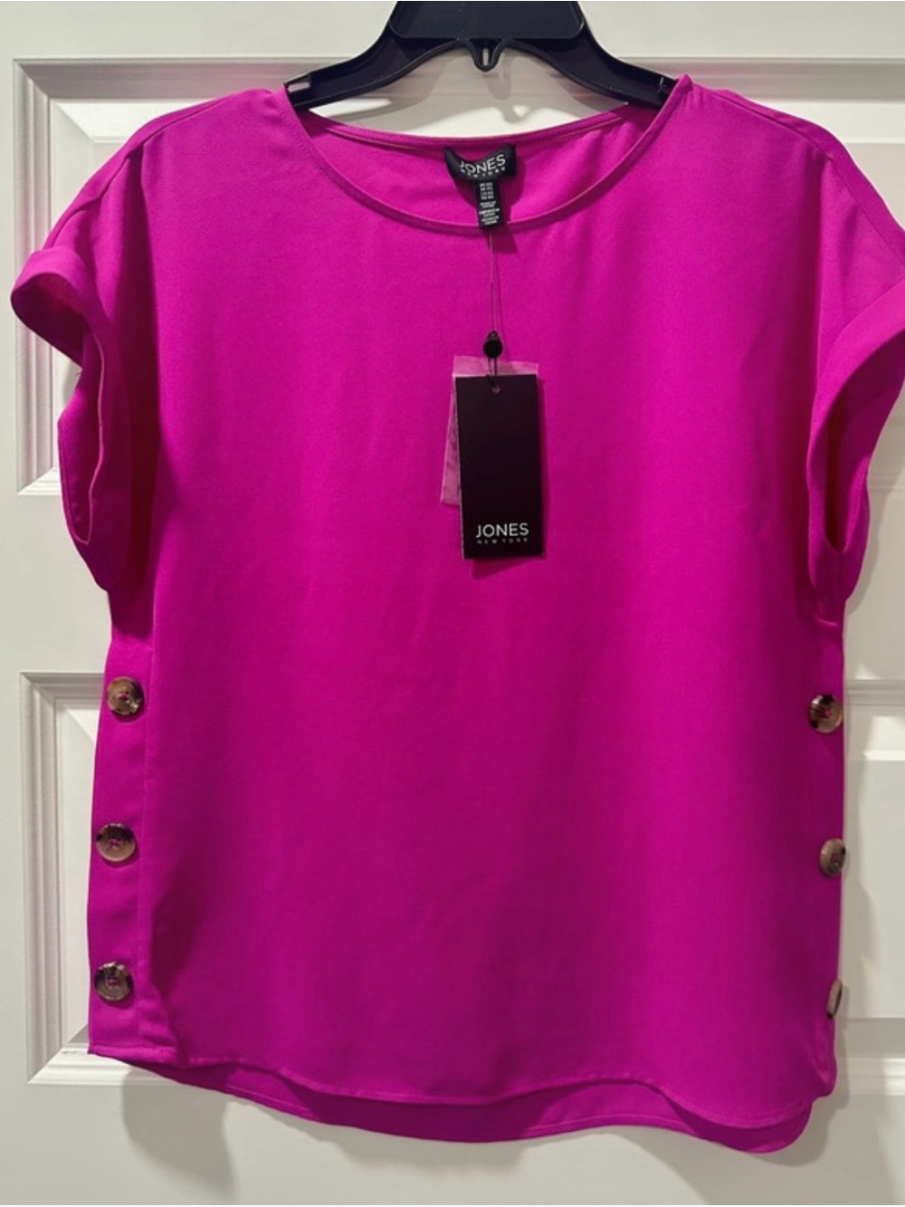 Jones New York Hot Pink Short Sleeve Button-Accent Blouse